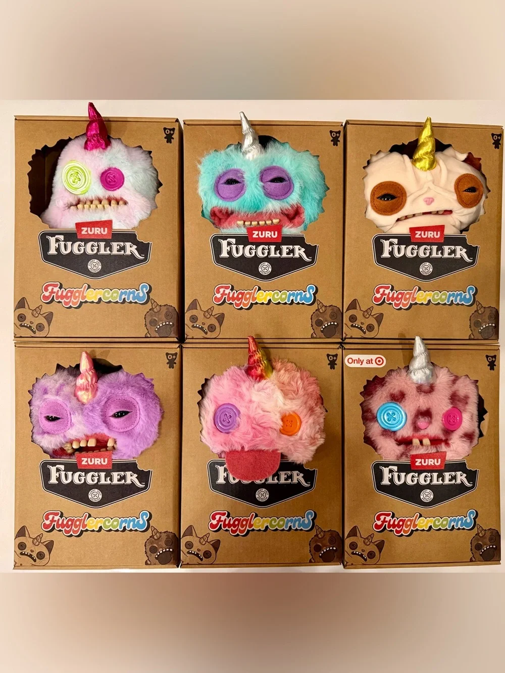 Complete Set of 6 Zuru Fuggler Fugglecorns Funny Ugly Monster Plush Toys